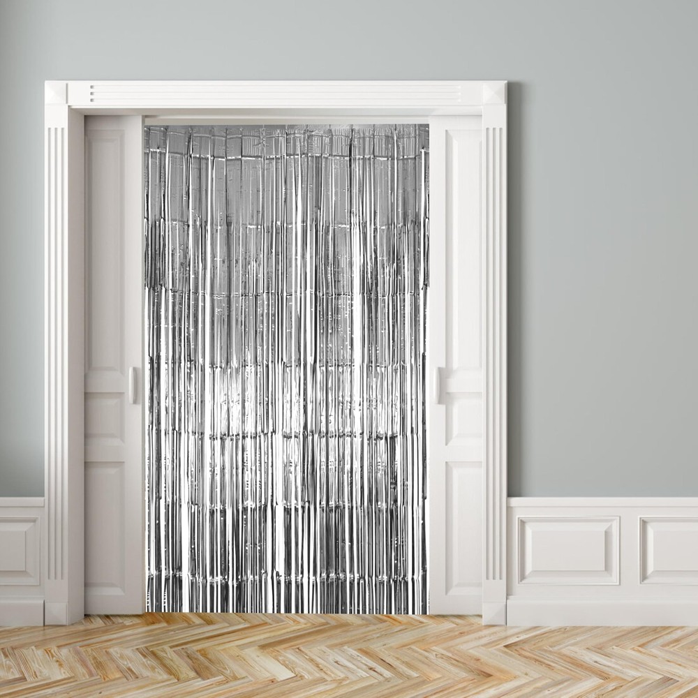 Hampton Distribution 2 Pack Silver Foil Fringe Curtains, Silver Tinsel Backdr...