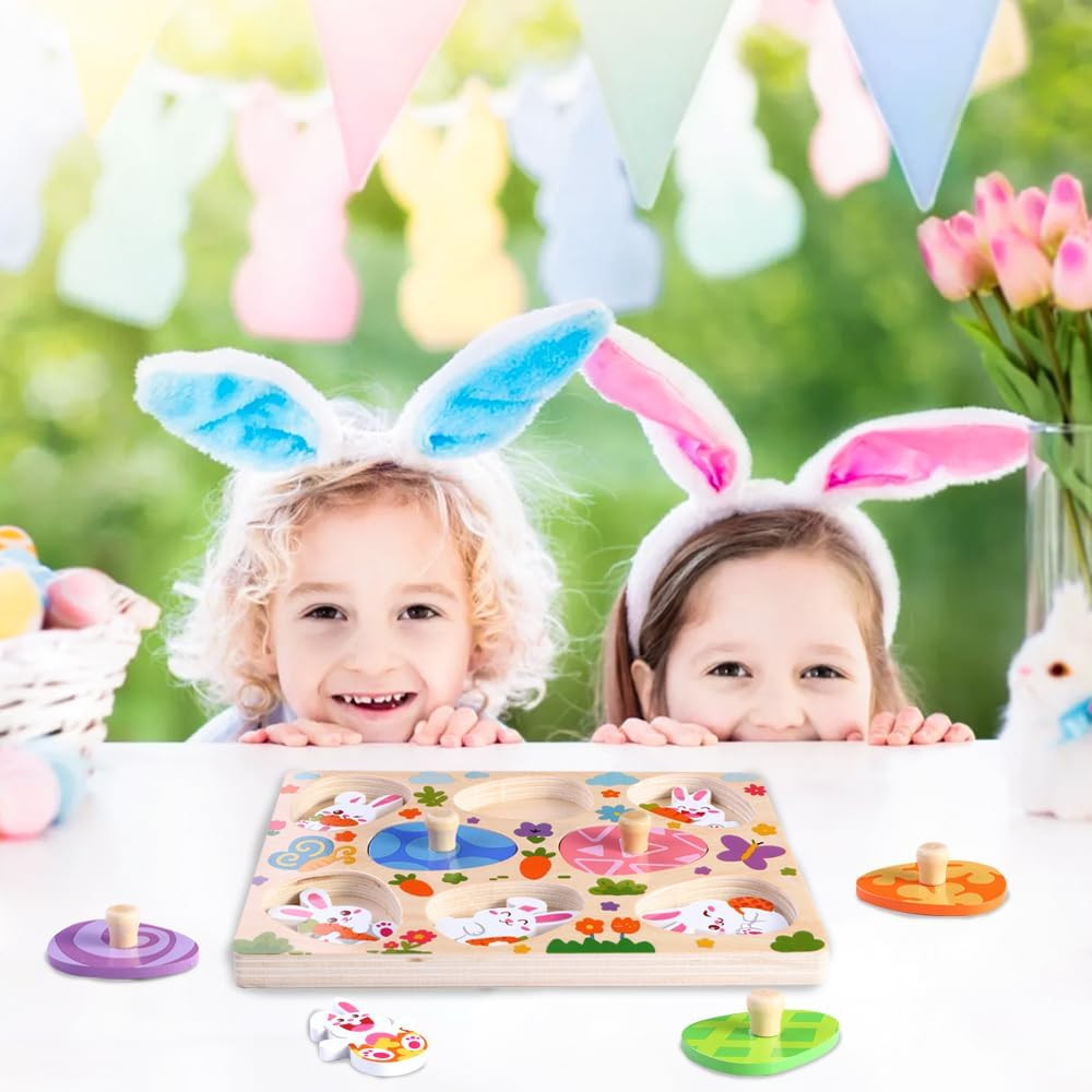 Easter Wooden Pegged Puzzles 8Pcs Bunny Matching Egg Puzzles Easter Montessori T