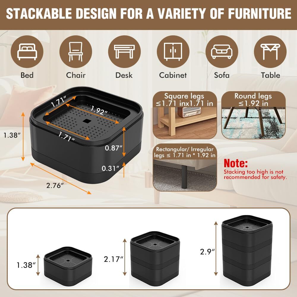 Furniture Risers 4 Pack Adjustable Bed Lifts 1.38 inch Stackable Heavy Duty