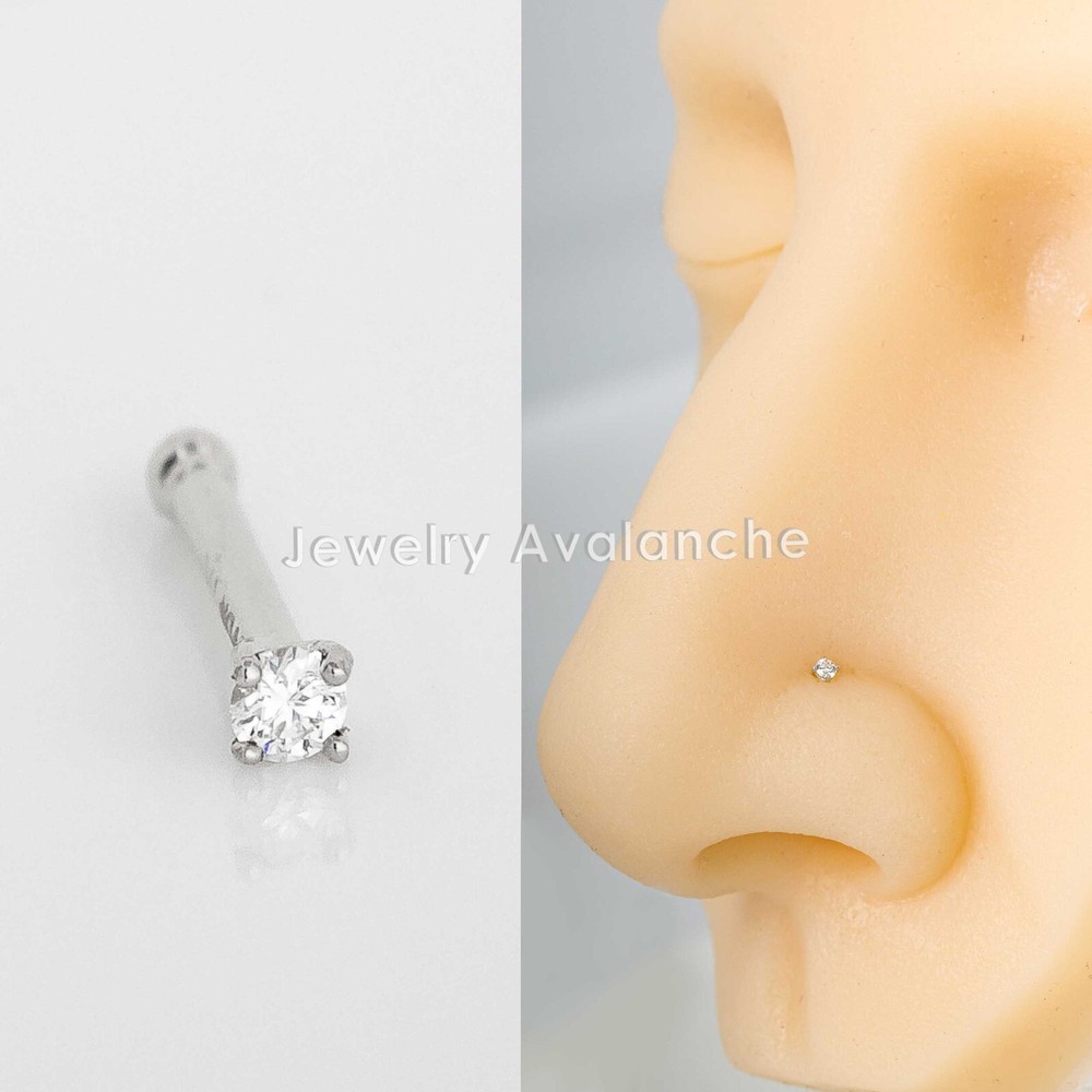 Solid 20G 14K Gold Diamond Ball-end Nose Ring Stud, Nose Bone Stud Prong Set