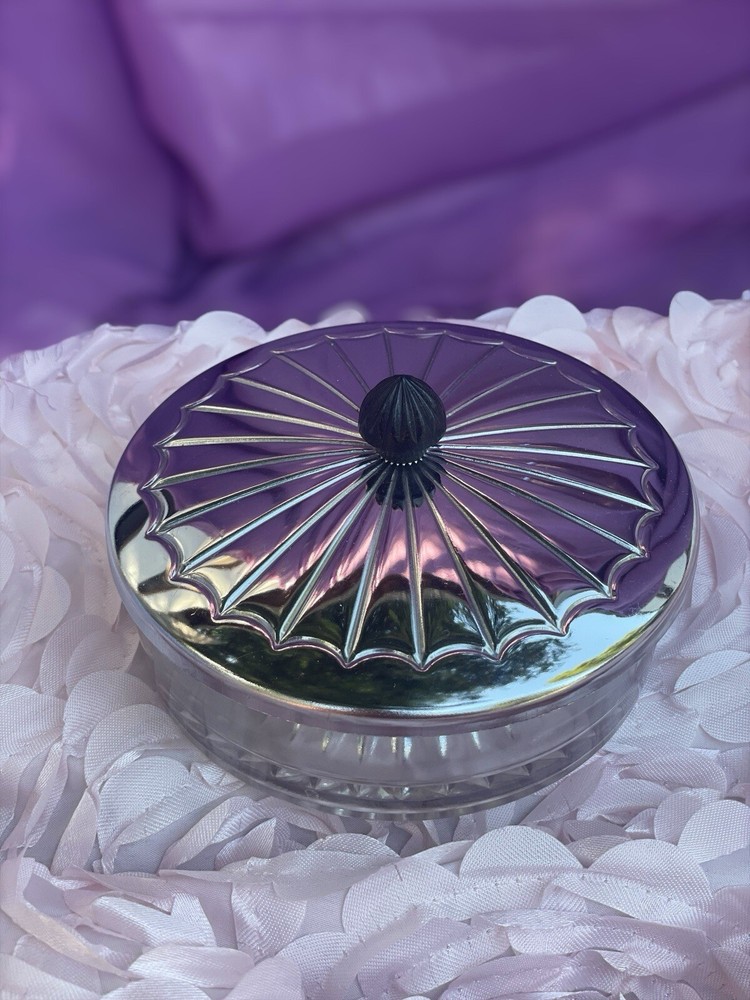 Vintage Round Silver Lidded Powder Box /  Candy Dish Glass Bottom