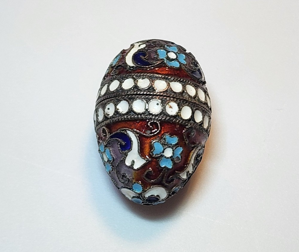 Antique Russian Silver & Cloisonné Enamel Mini Egg Box 950