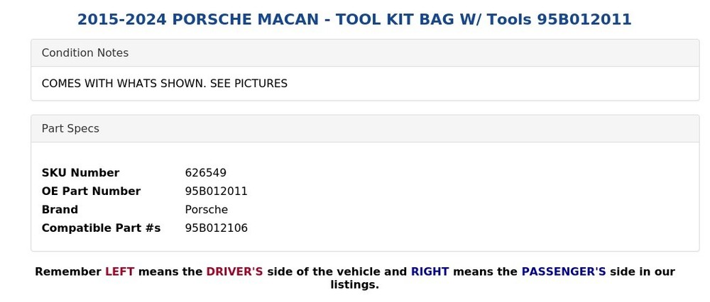 2015-2024 PORSCHE MACAN - TOOL KIT BAG W/ Tools 95B012011