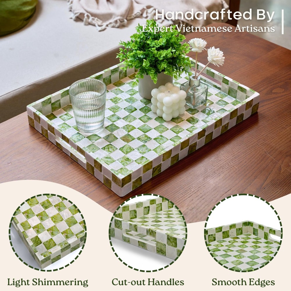 15.8" x 11.8" Decorative Rectangular Tray with Natural Capiz Shells, Checkere...