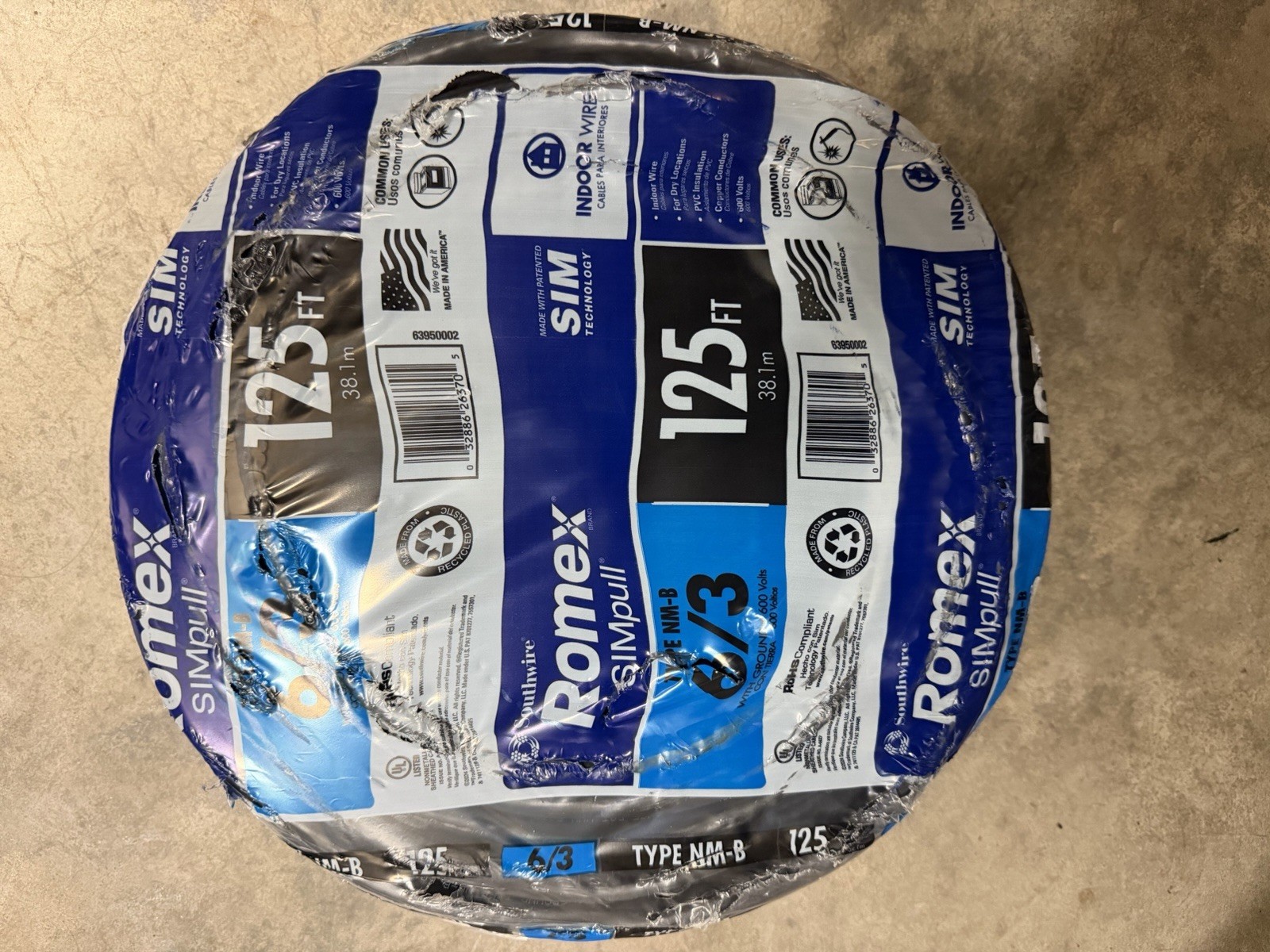 Southwire 125-ft 6/3/ Romex SIMpull Stranded Indoor CU NM-B W/G Individual Pack