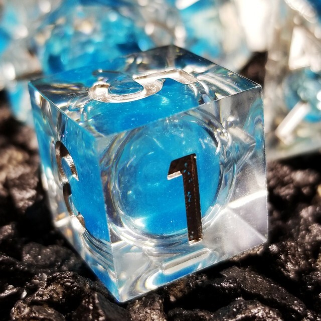 Sage's Sky Souls - Sky Blue Liquid Core Sharp Edge Resin Dice Set