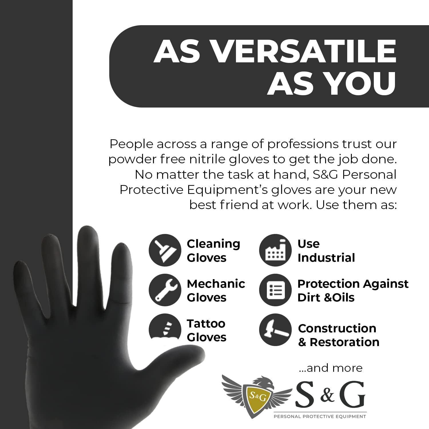 S&G Black Nitrile Gloves Latex Powder Free 3 Mil 2x100pcs 1000pcs XS/S/M/L/XL