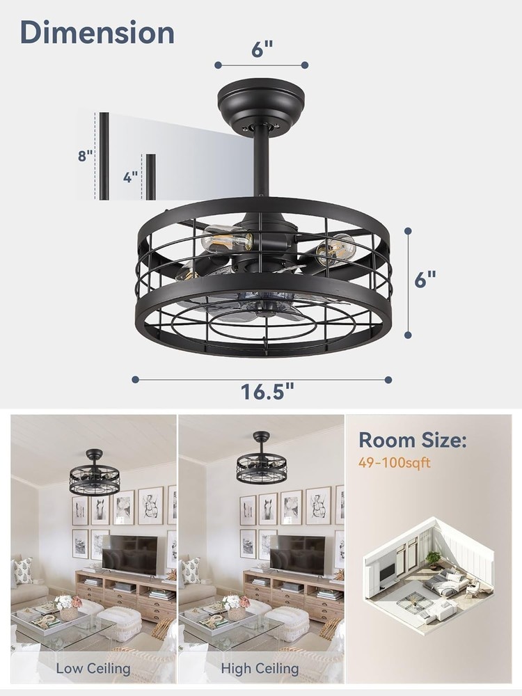 Stylish 16.5 Inch Black Ceiling Fan with Adjustable Height & Remote Control