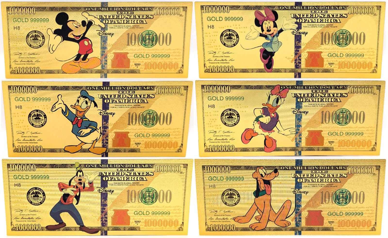 Mickey Mouse Minnie Daisy Donald Goofy Pluto Disney 24K Gold Foil Note Set GFS13
