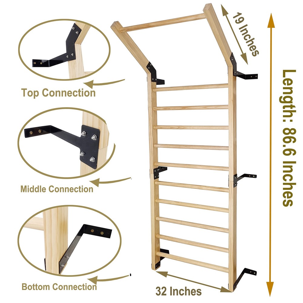 Swedish Ladder,Gymnastics Stall Bar, Wall Mounted Pull Up Bar- Solid Wood Wit...
