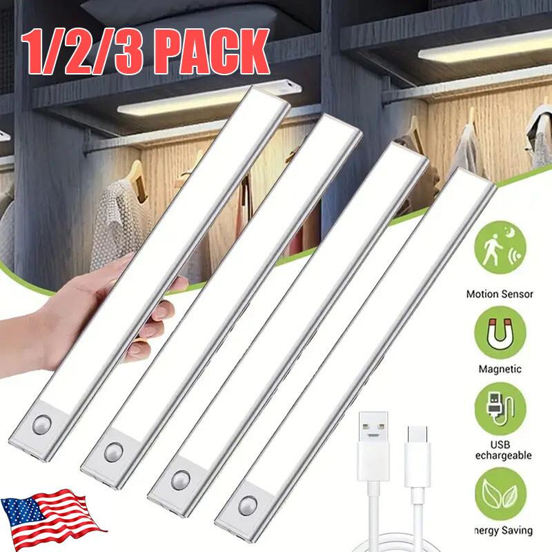 LED Motion Sensor Under Cabinet Closet Light USB Rechargeable Kitchen Lamp Strip