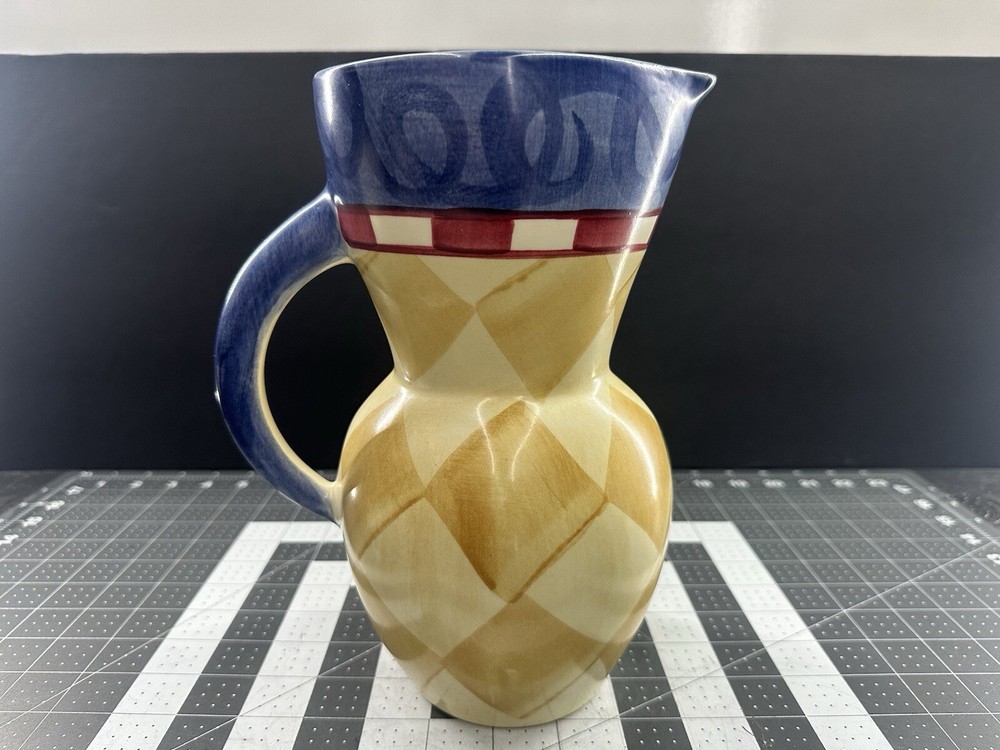 Ceramic Pitcher Checkboard Lemons Hand Painted For Lemonade Drinks Punch