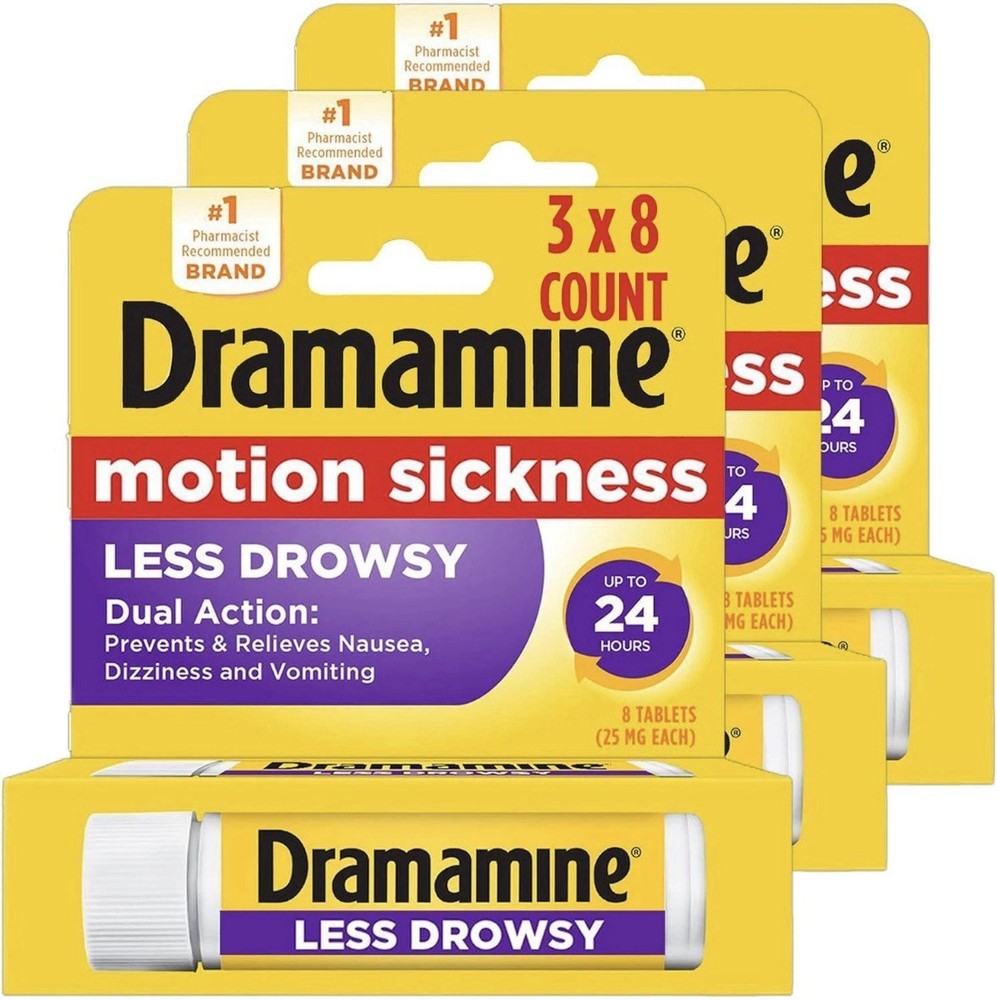 Dramamine All Day Less Drowsy Motion Sickness Relief 8 Count, 3 Pack