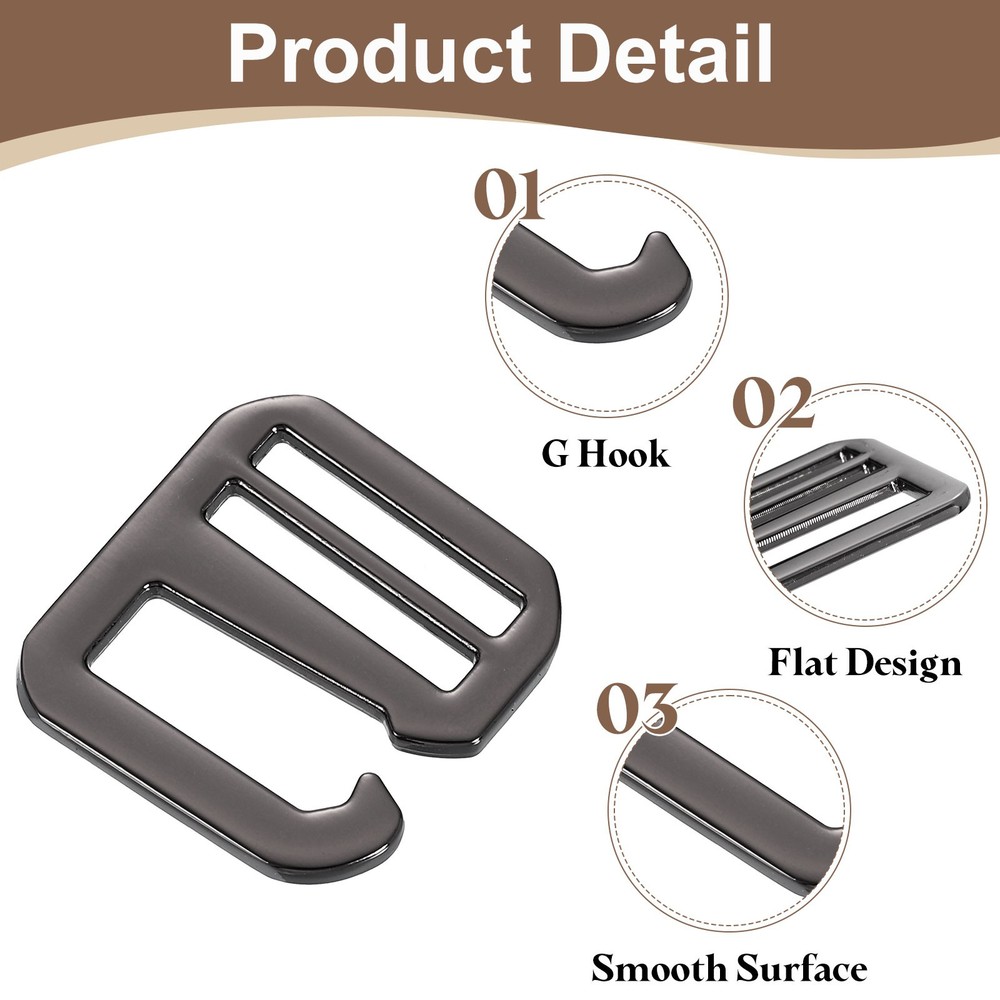 2Pcs G-Hook Webbing Buckles, 20mm Flat Tri-Glide, Metallic Black