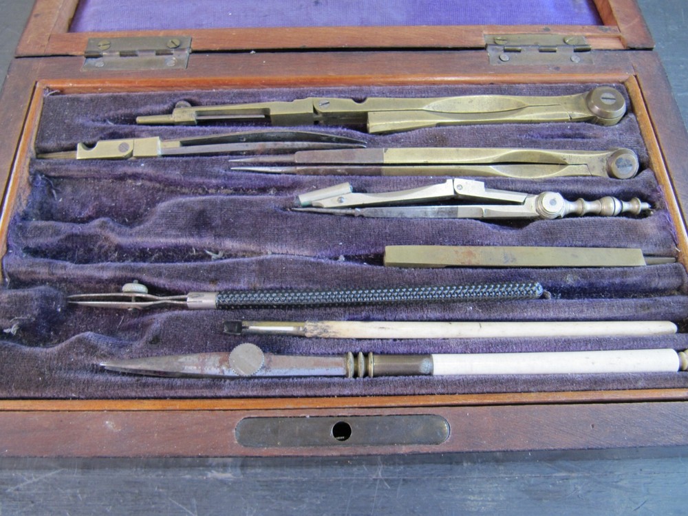 Antique Brass Drawing Engineering Draughtsman's Tools in Rosewood Box