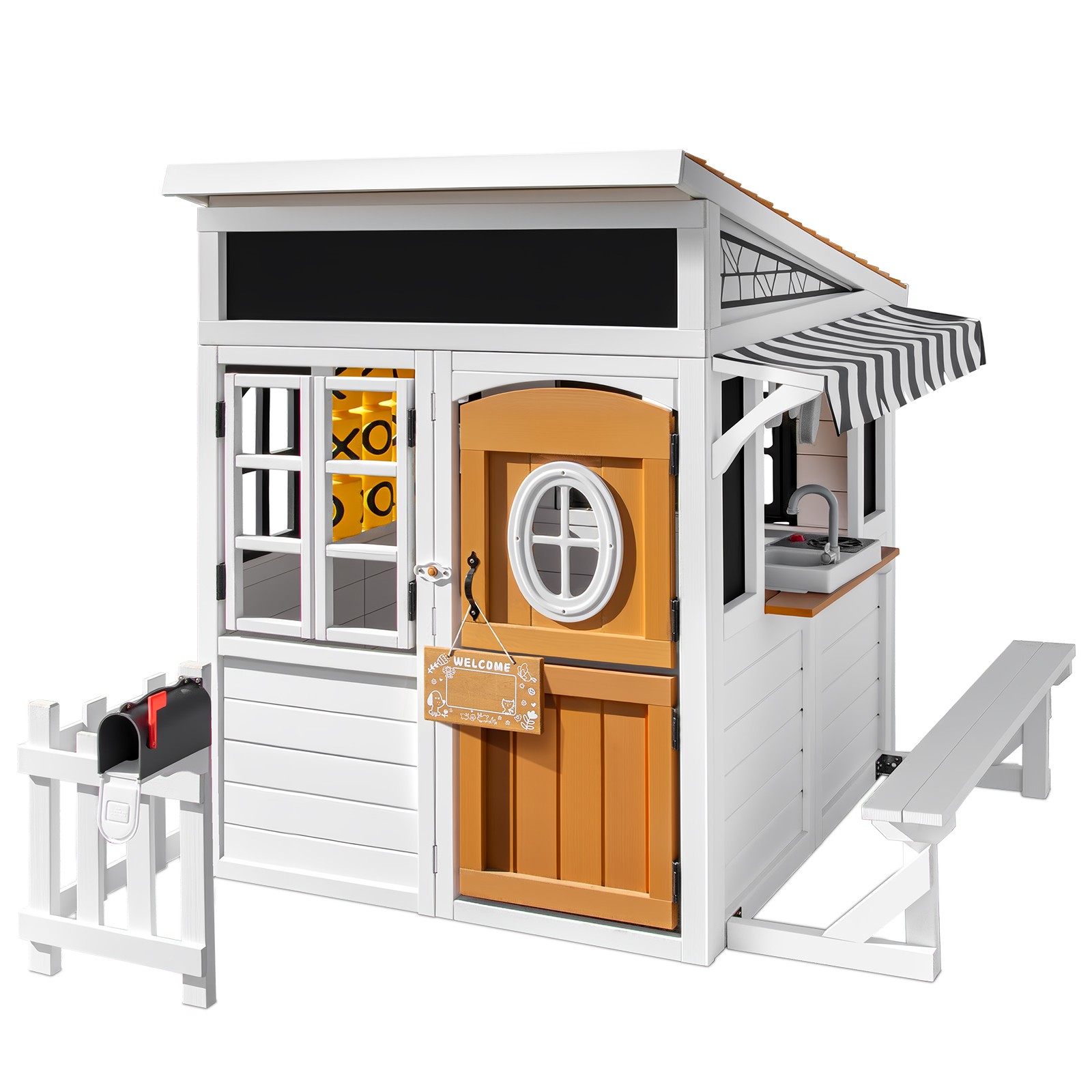 Wooden Kids Playhouse Cottage Play Kitchen,Bench,Mailbox,Tic-Tac-Toe,Chalkboards