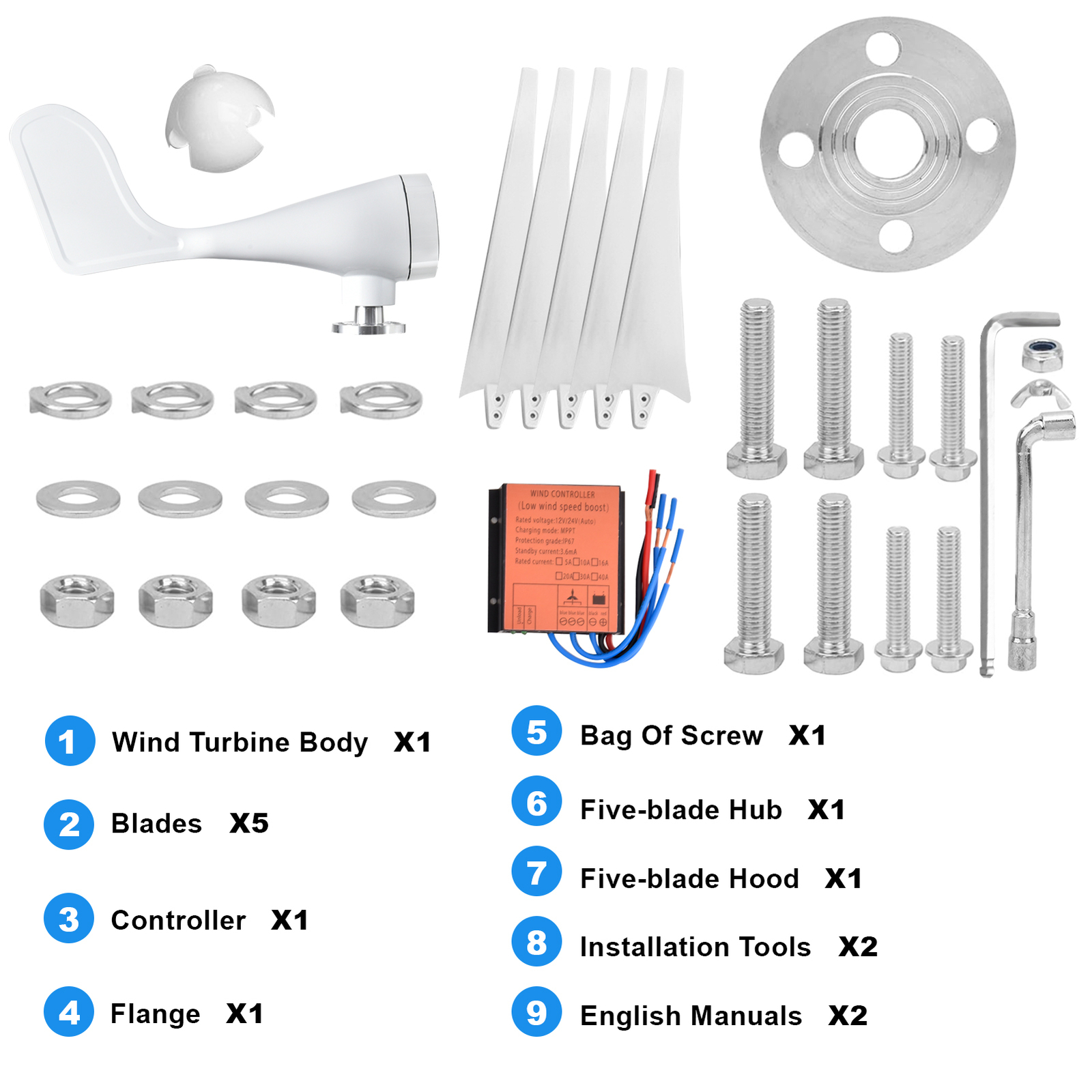 1300W Wind Turbine Generator Kit 5 Blades Windmill AC 12/24V Charger Controller