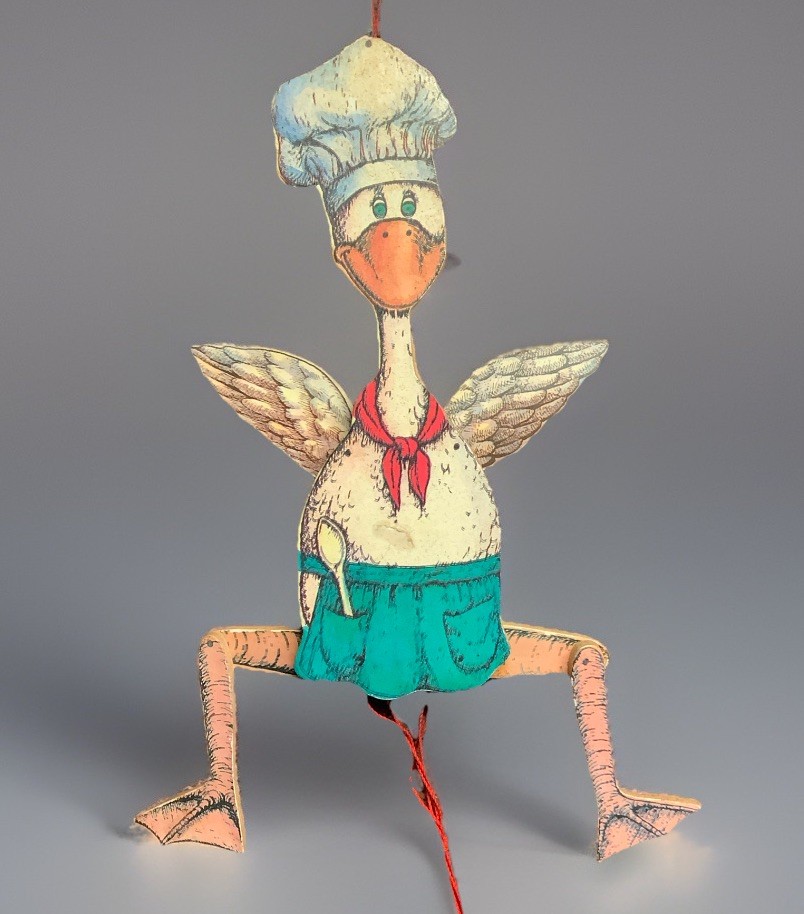 Vintage Susan Feves Duck Chef 1985, Pull String Wooden Jumping Jack