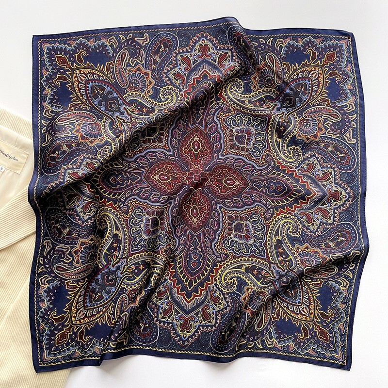 100% Mulberry Silk 27" Square Scarf Women Neckerchief Wrap Vintage Blue Paisley
