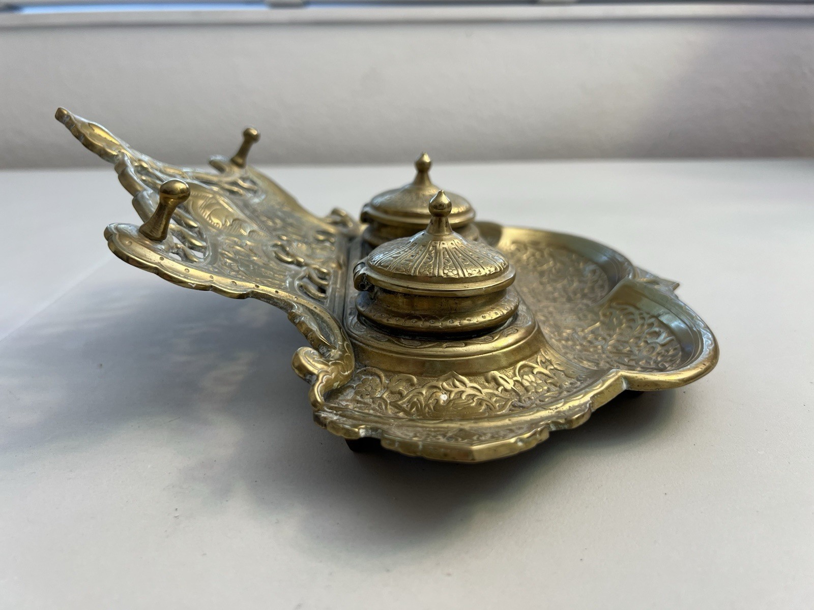 Vintage Gilded Cast Brass Art Nouveau Elephants Ornate Double Inkwell