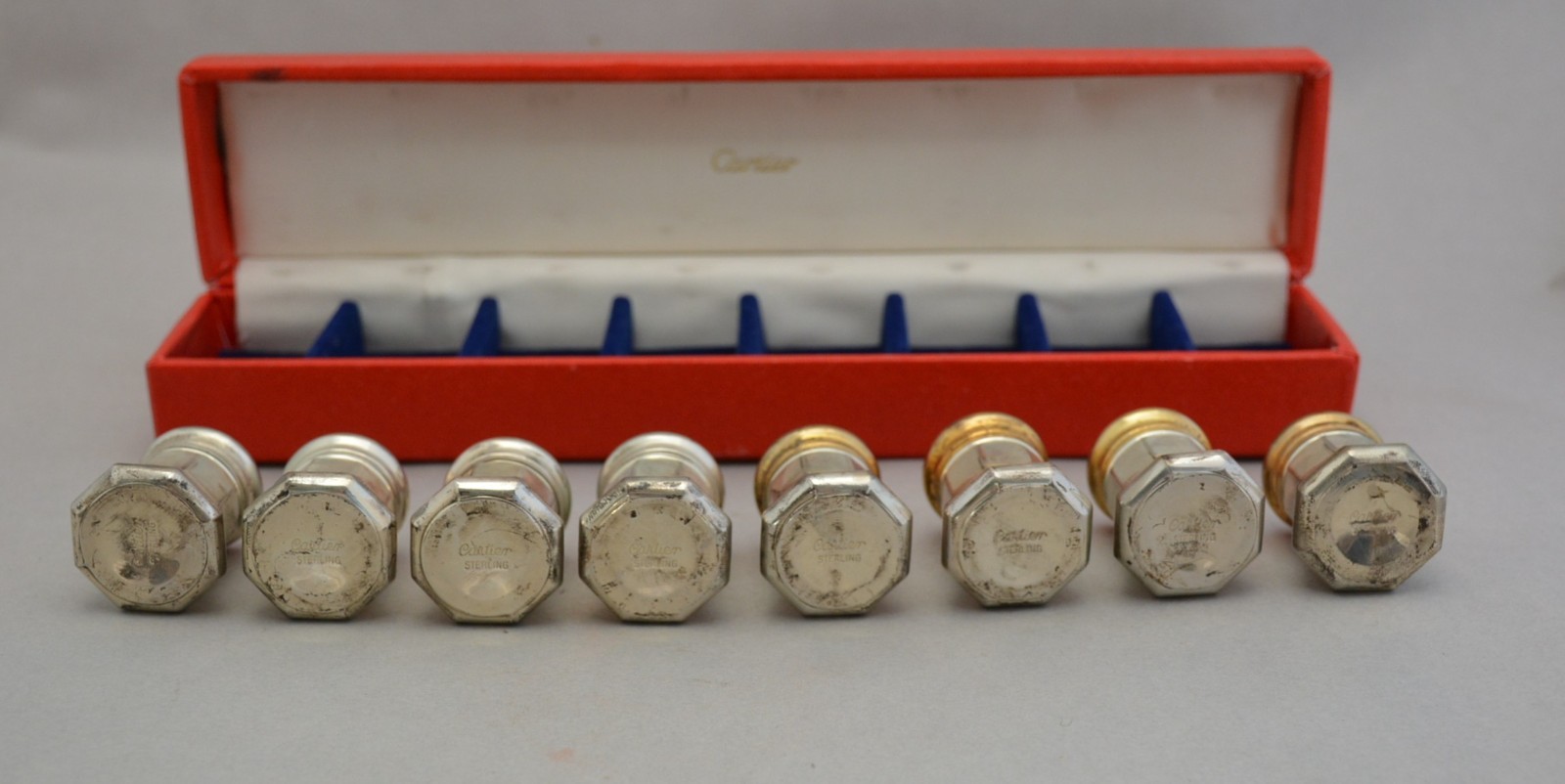 Cartier Silver Salt Pepper Shakers - Set of 8 - Original Box - 4 Gold Plated Lid