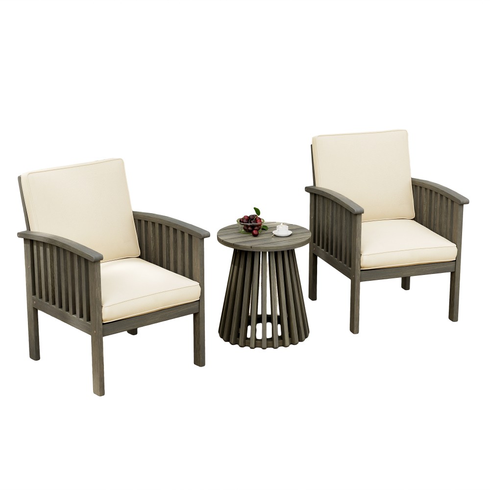 Acacia Wood Outdoor Club Chair Set w/ Side Table, Cream & Gray Cushions