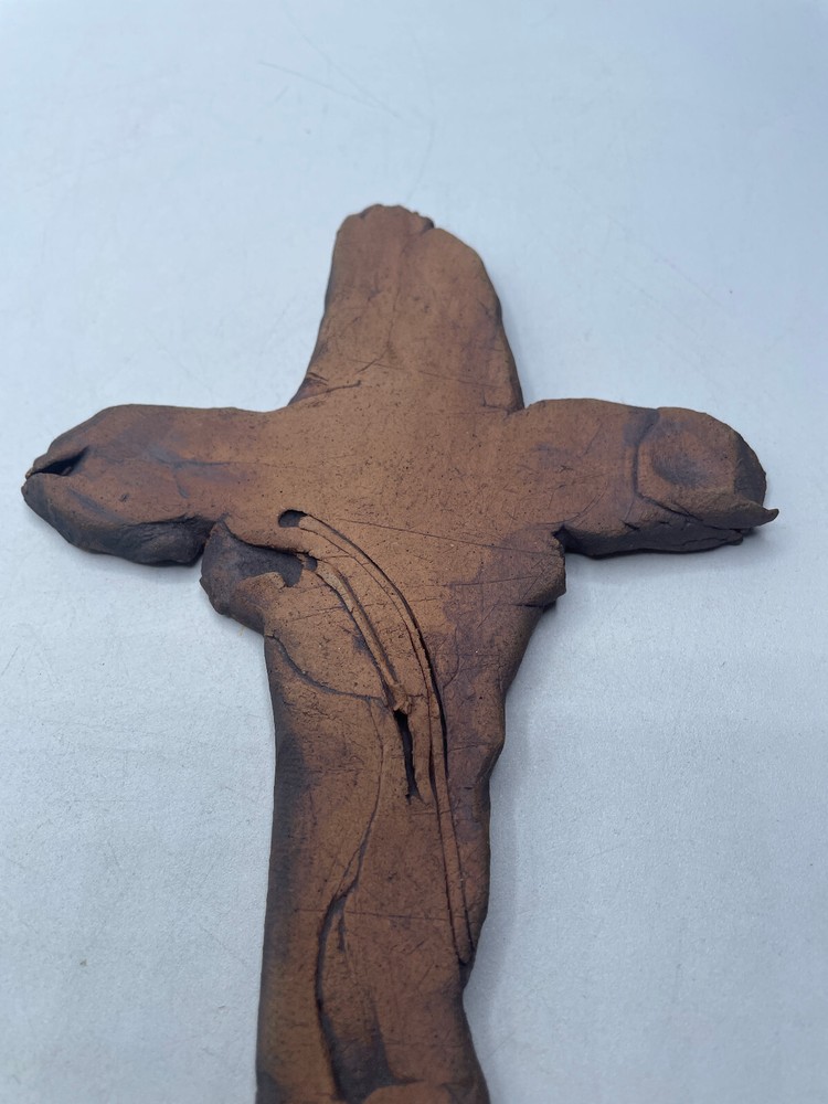 Handmade Abstract Pottery Cross Brown Signed Hanging