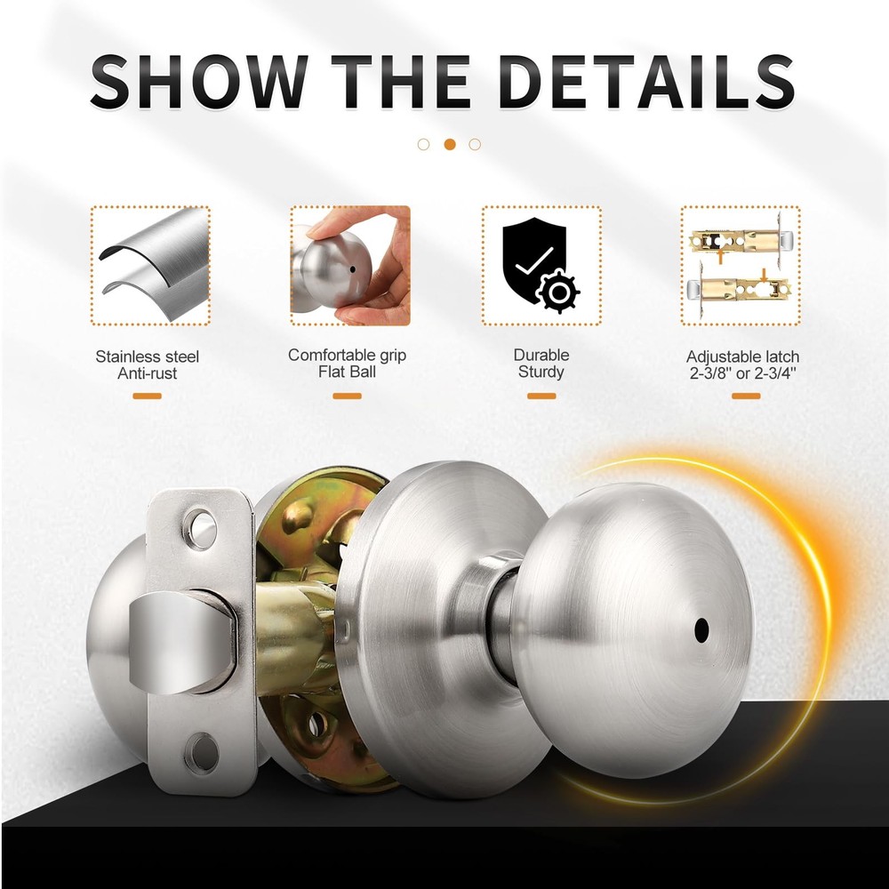 Probrico Keyless Privacy Door Knobs 6 Pack Brushed 6 Pack, Nickel