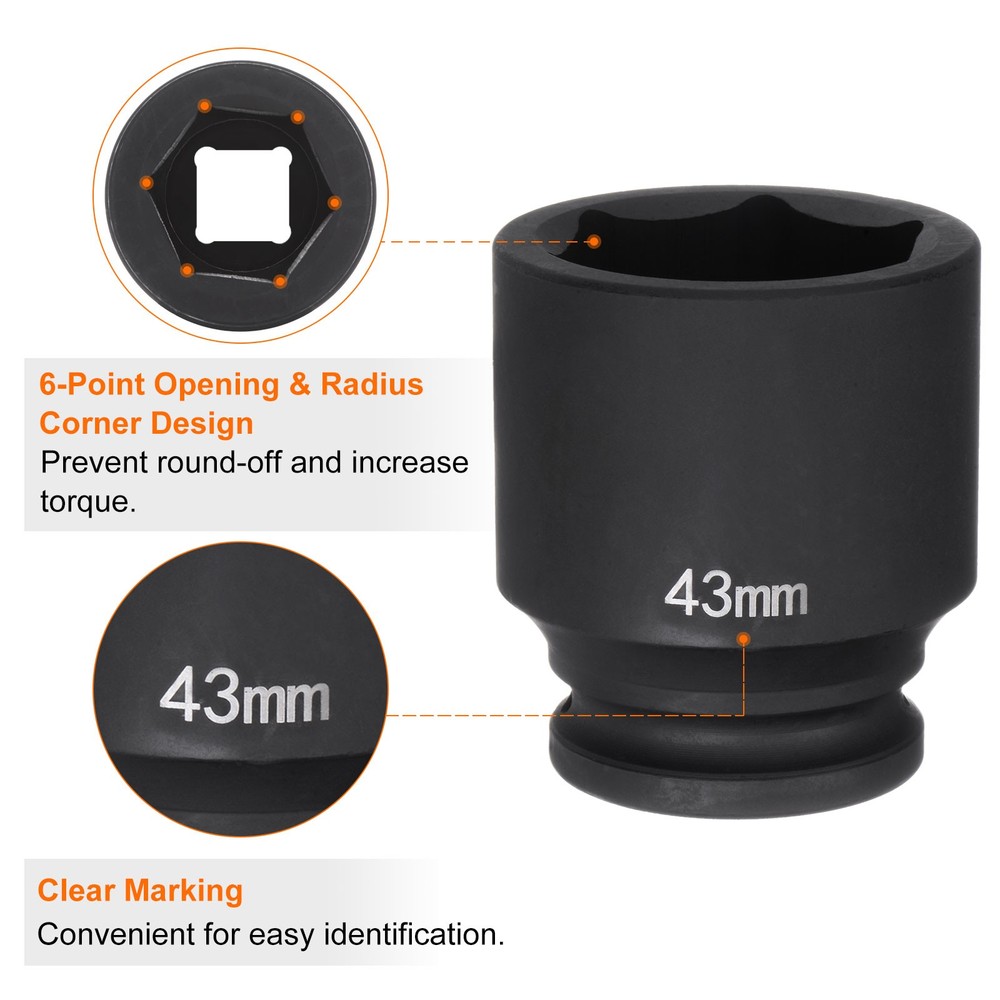 6-Point Impact Socket 3/4" Drive 43mm Metric 40Cr Impact Socket