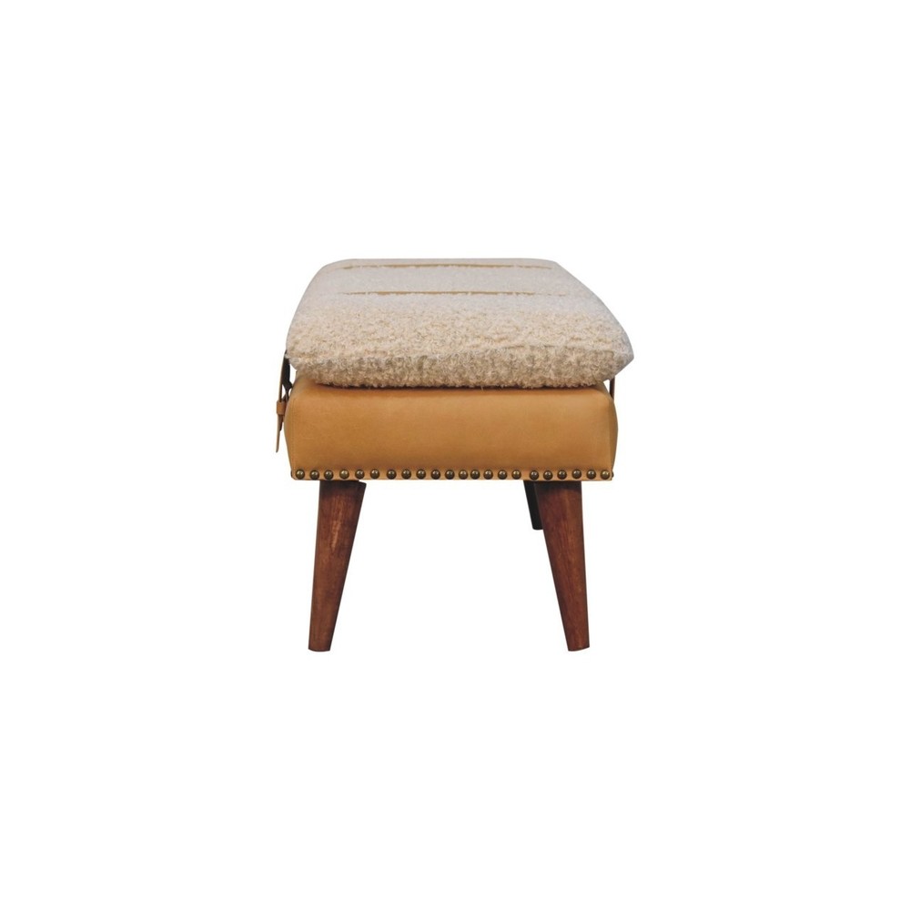 Boucle and Tan Leather Bench