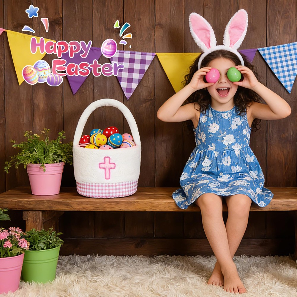 Leokawin Easter Basket - Easter Baskets for Kids,Pink Grid Cross Easter Baske...
