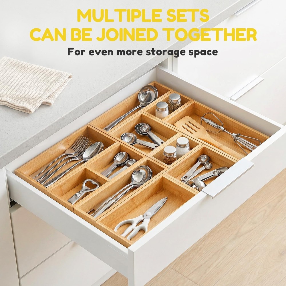 Bamboo Drawer Organizer, 5 Pcs Kitchen Drawer Organizer Set, Multi Purpose Ut...