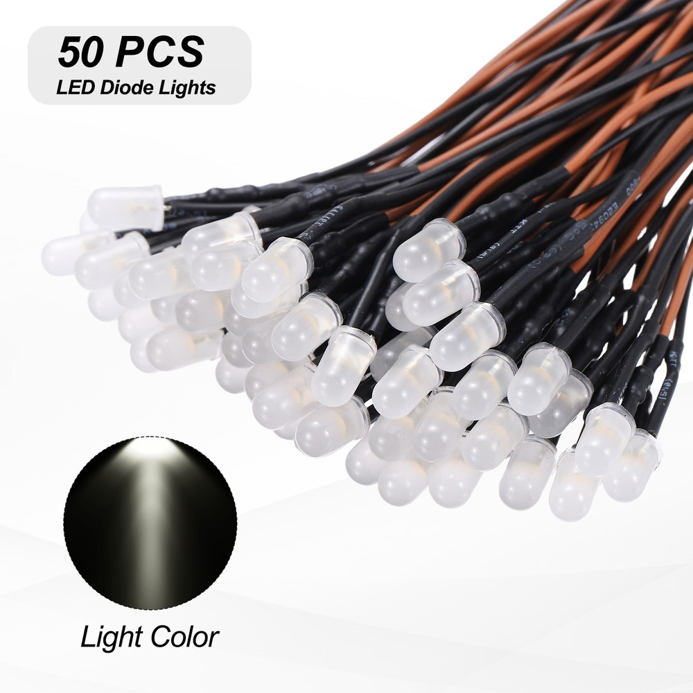 50pcs 5mm LED Diode Lights, Warm White Light DC 12V for Electronics