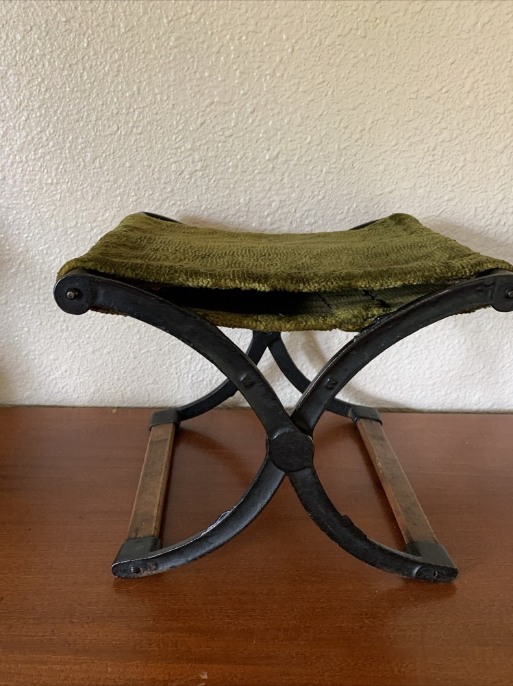 Vintage Cast Iron Folding Stool  Green Carpet Bag Textile