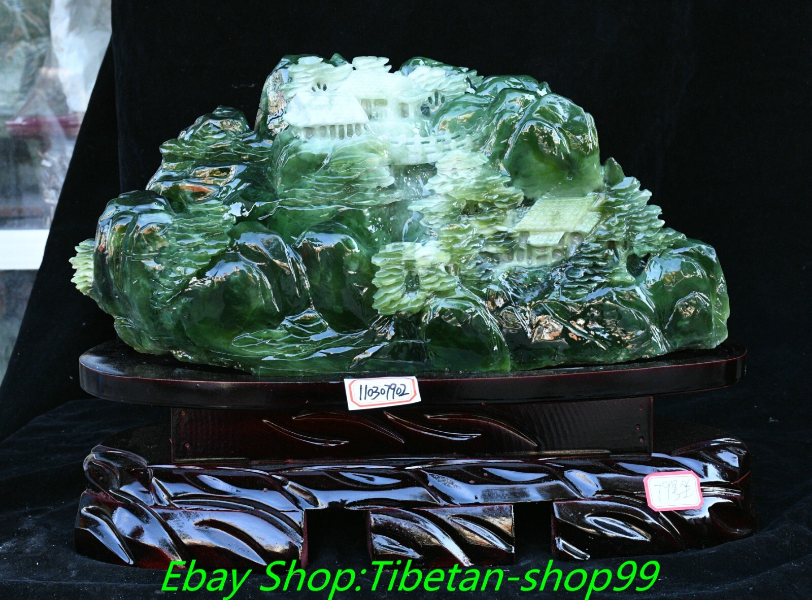 17.3'' Natural Xiu Green Jade Carving Mountain Tree House Shanzi Sculpture