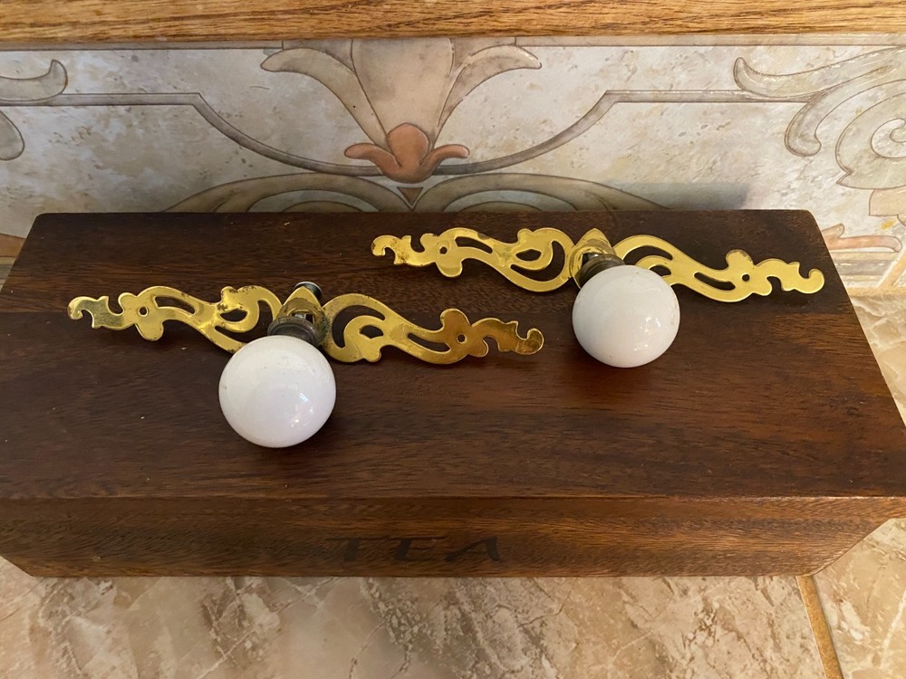 2 solid brass & white porcelain knob drawer pulls & single brass hook lot