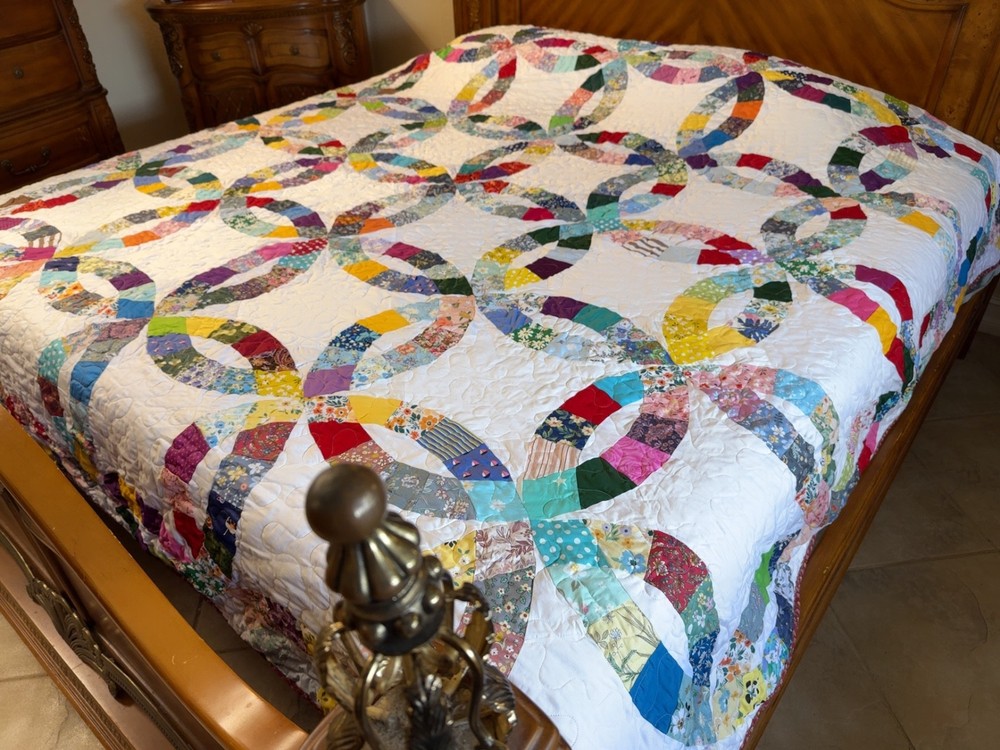 Double wedding Ring king machine pieced &quilted quilt#3-27A