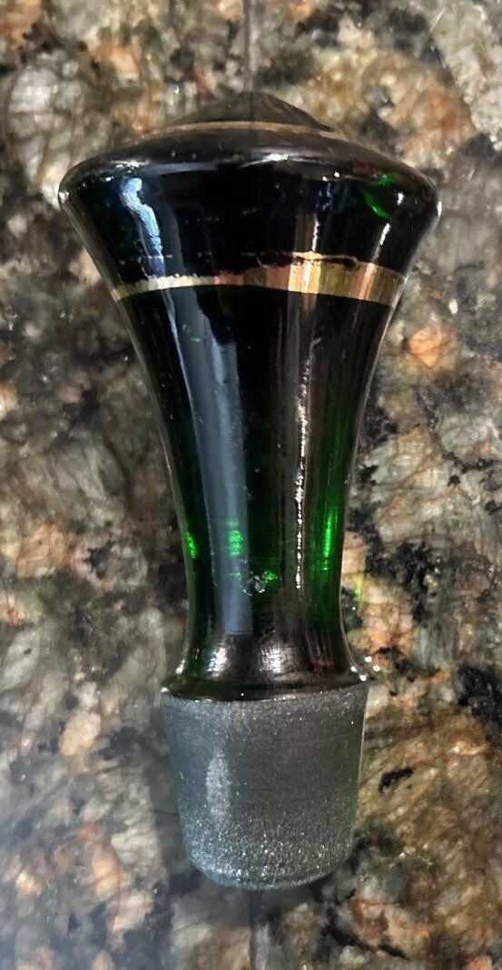 Borske Sklo Gold Banded Green Glass Decanter Mid Century Genie Jeannie Bottle