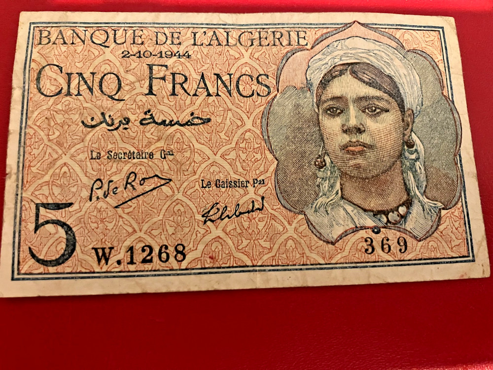 ALGERIA 5 CINQ FRANCS 1944