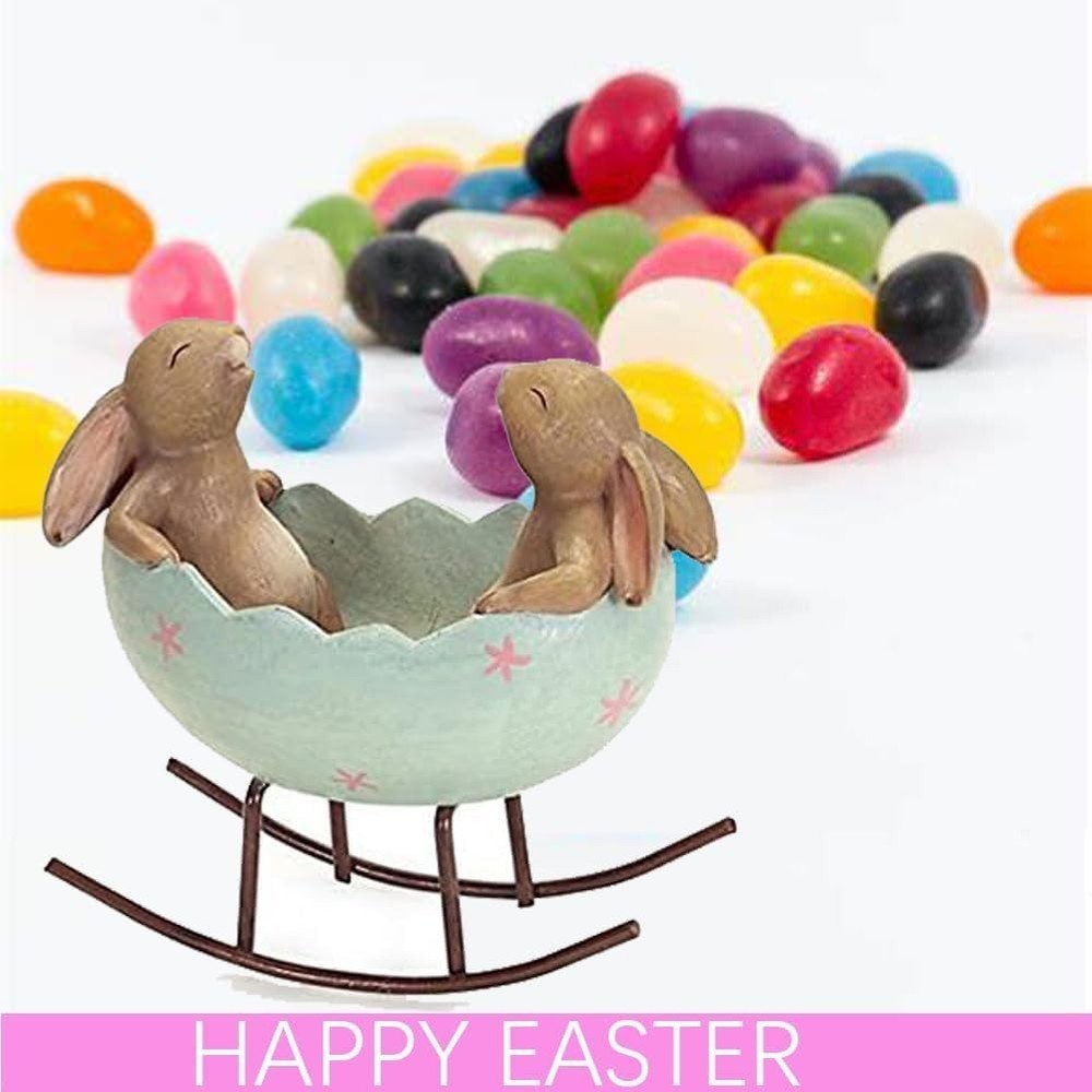 Laughing Bunny Rabbits Rocking in an Easter Egg Cradle Spring Easter Decorati...