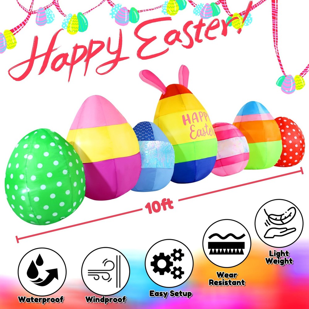 GIFTFIND Vibrant Easter Eggs Inflatables 10FT Long, Seven Eggs Inflatable Outdoo