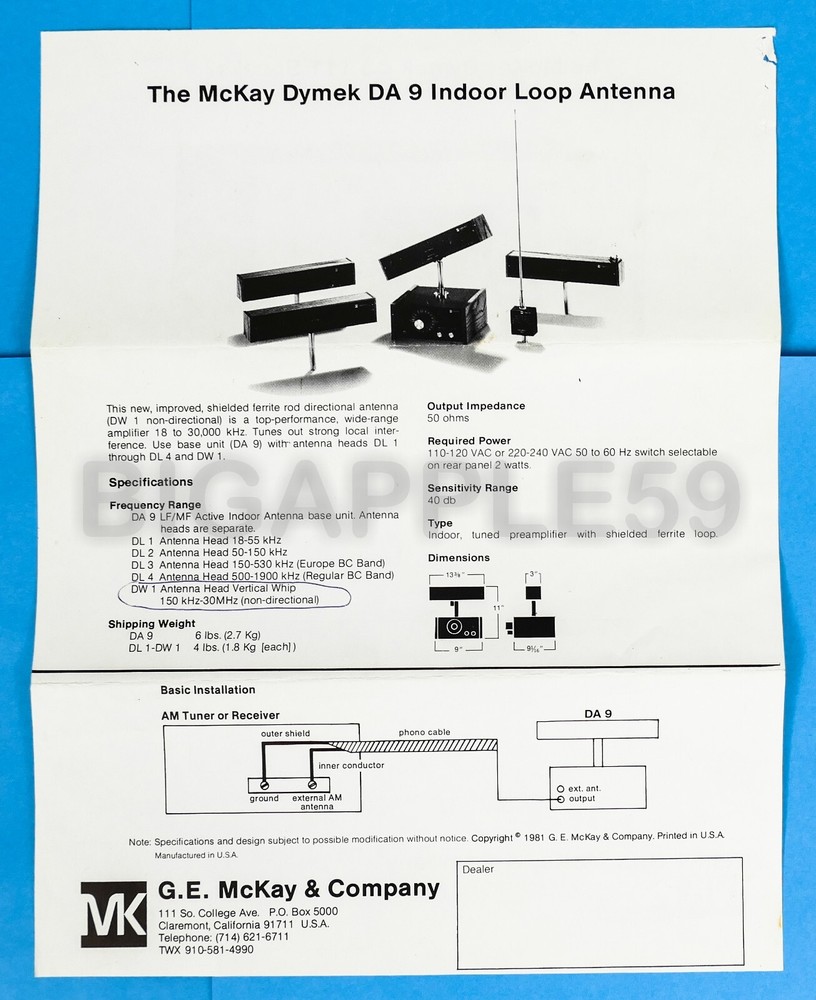 Brochure /Flyer For McKay Dymek DA9 Indoor Loop MW Antenna & DS111 Speaker