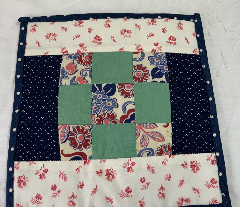 Vintage Patchwork Mini Quilt Table Topper Or Doll Quilt, Nine Patch, Navy, Pink