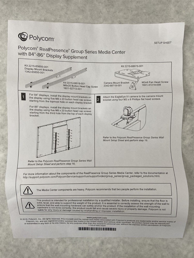 Polycom Poly 2215-65650-001 RealPresence 84" Display Mount Bracket Kit