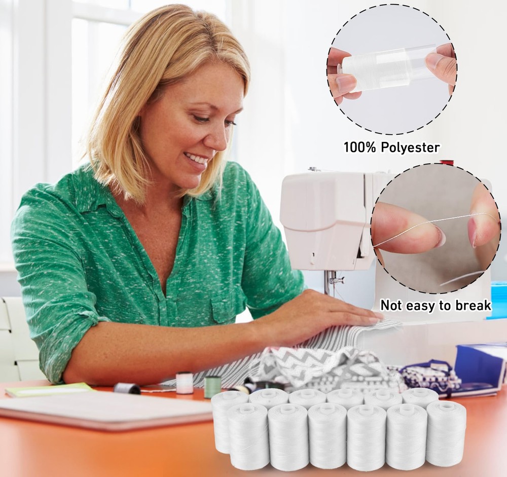 Sewing Thread 12 Spools White Sewing Thread 1000 Yards per Polyester Thread S...