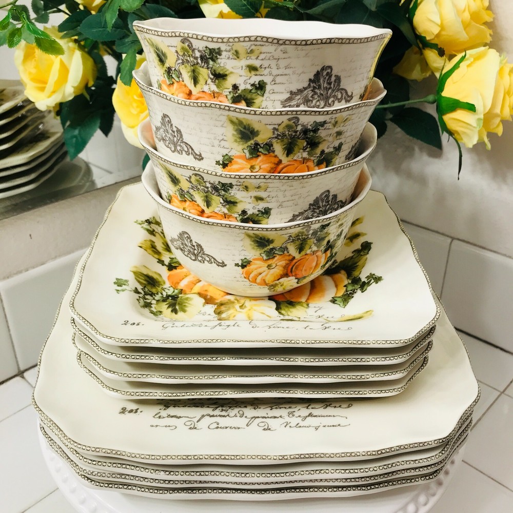 222 Fifth Fall PUMPKIN PATCH ORANGE Set Dinner Salad Plates Appetizer Bowls 12Pc