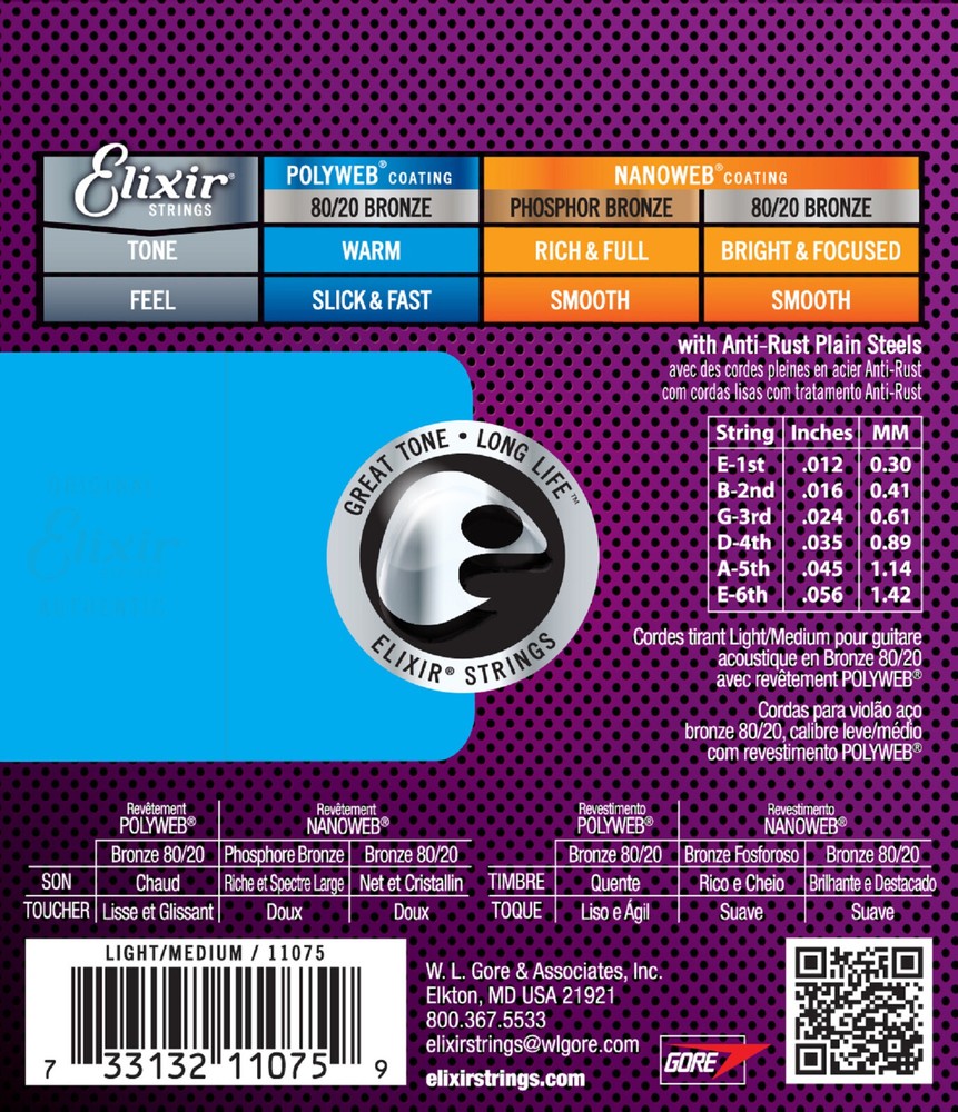 Elixir® 11075 80/20 Bronze Acoustic Strings POLYWEB®, Light/Medium (.012-.056)
