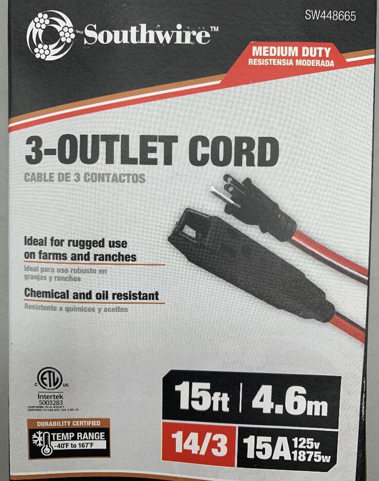 Southwire 3 Outlet Cord 15ft 2 PACK