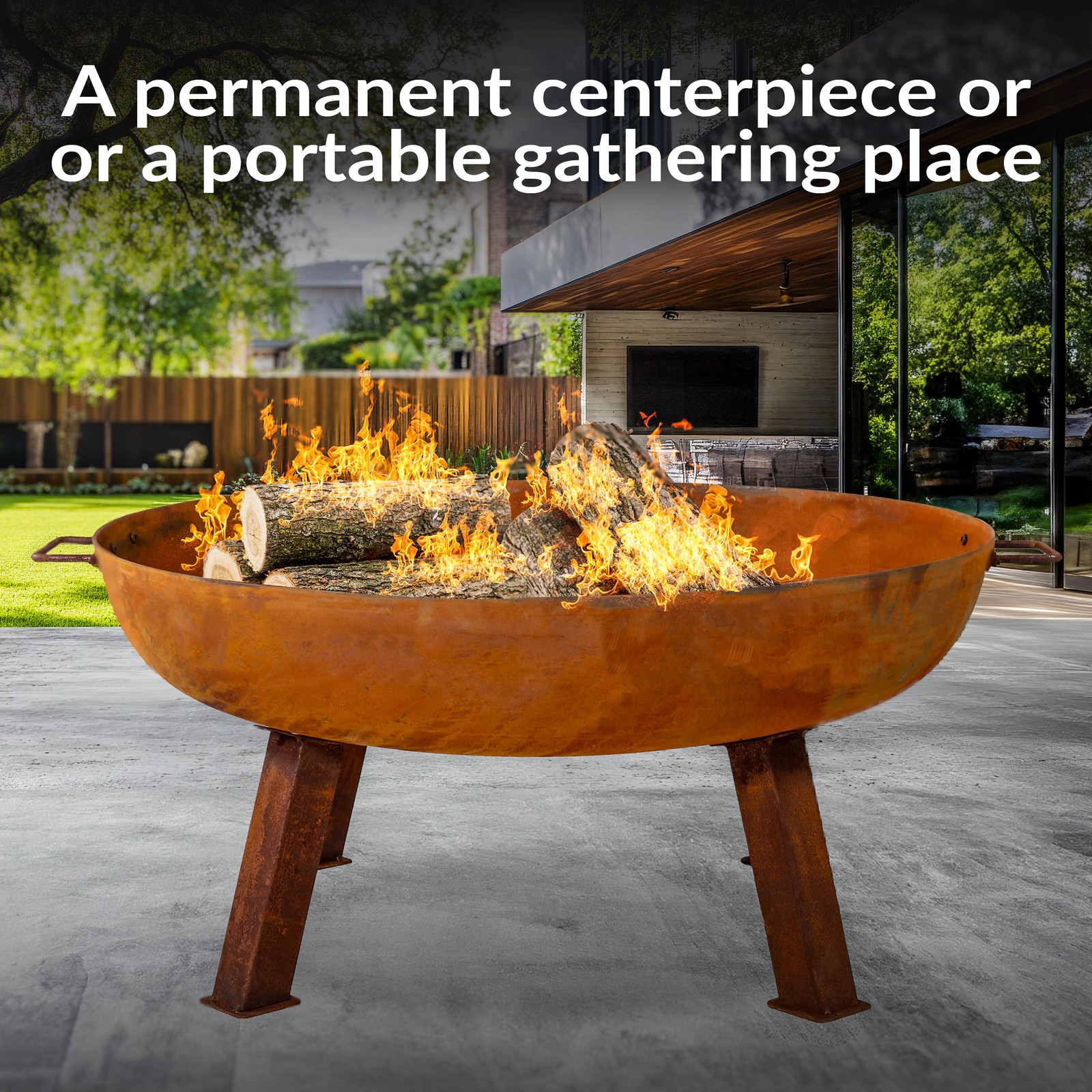 34 in Rustic Cast Iron Fire Pit Bowl with Stand by Sunnydaze
