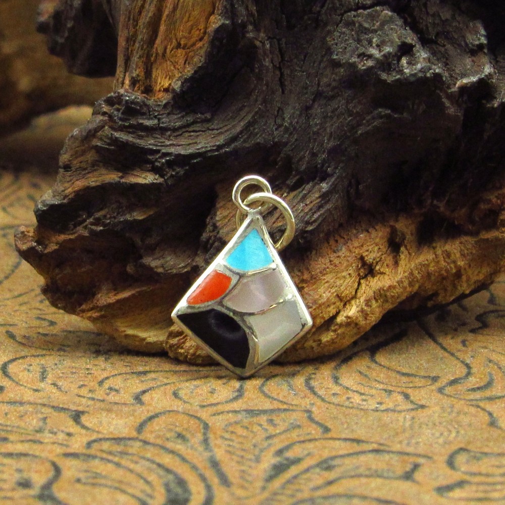 *Multi Stone Kite Shaped Inlay Sterling Silver Pendant